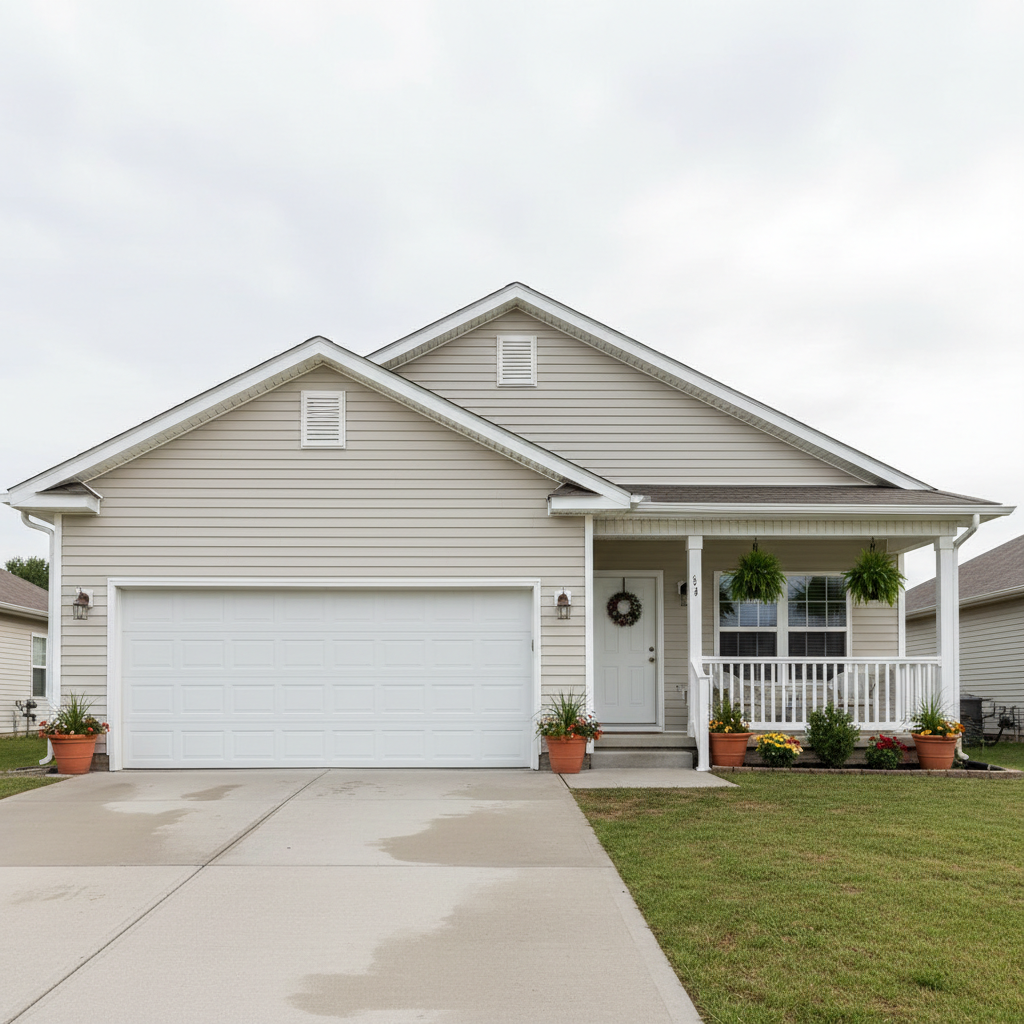 A charming single-story home with freshly soft-washed exterior: light beige siding looks uniformly bright, the white gutters and fascia are immaculate, and the concrete driveway appears newly cleaned with no visible stains. The front porch features a spotless white railing and neatly arranged potted plants. Soft, diffused afternoon light from an overcast sky reduces harsh shadows, creating an even, welcoming glow across the property. Photographic realism from a straight-on, eye-level composition with balanced framing emphasizes the overall transformation and care of exterior cleaning services in a calm, inviting mood.