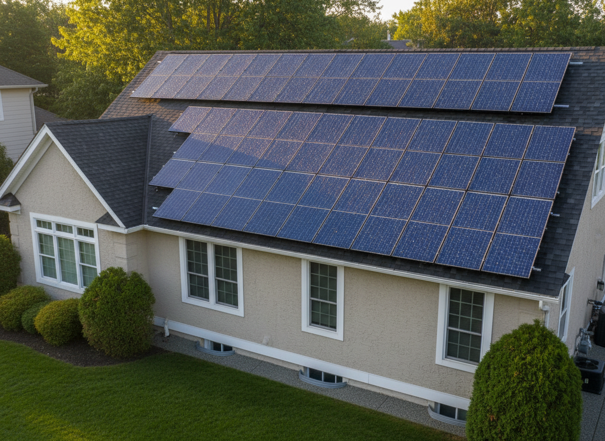 A freshly cleaned array of deep blue photovoltaic solar panels stretching across a suburban home’s pitched roof, every glass surface gleaming with tiny water beads. The house exterior is a light neutral stucco with pristine white trim, surrounded by a neatly maintained lawn and a few evergreen shrubs. Late afternoon sunlight creates a warm, golden reflection across the panels, with soft shadows from nearby trees adding subtle contrast. Photographic realism captured from a slightly elevated angle with sharp focus throughout, conveying professionalism, trust, and meticulous care in residential solar cleaning and exterior maintenance.
