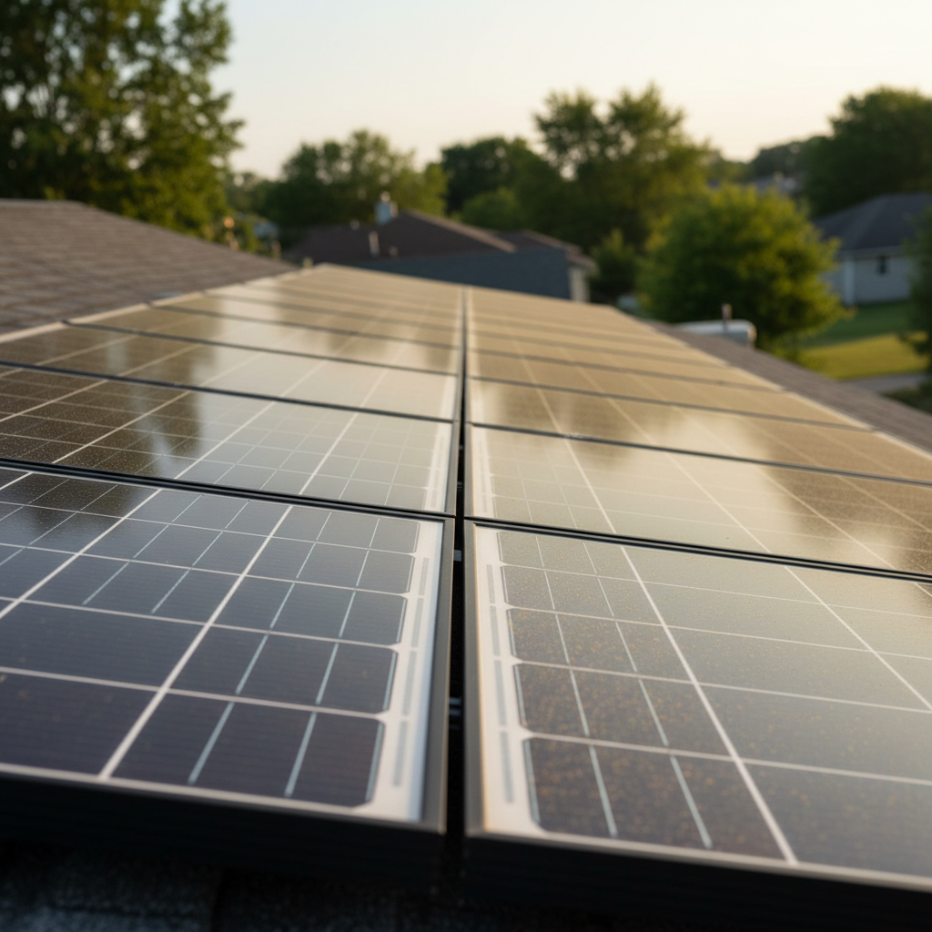 A close-up, photographic realistic view of a row of solar panels with one half perfectly clean and crystal-clear, and the other half lightly covered in dust and pollen, mounted on a shingle roof. The clean side catches soft morning sunlight, creating crisp reflections and subtle highlights, while the dusty side appears matte and dull for contrast. The background is gently blurred, hinting at a quiet residential neighborhood with trees and rooftops. Shot at a shallow depth of field from a low, angled perspective, the image feels educational and trustworthy, emphasizing the benefits of professional solar panel washing.