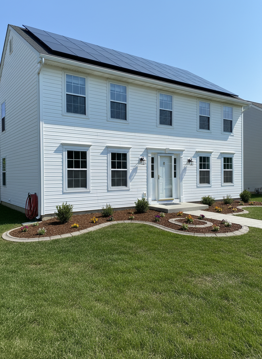 A spotless, white vinyl-sided two-story home with solar panels on the sun-facing roof, every surface freshly cleaned. The siding appears smooth and bright, windows are streak-free, and the panels gleam under clear midday sunshine. The front yard has neatly edged grass and a simple flowerbed with tidy mulch lines, reinforcing the sense of order. Photographic realism with a wide, slightly low-angle composition creates a feeling of pride, reliability, and family-oriented care, ideal for illustrating combined solar panel and exterior house washing services.