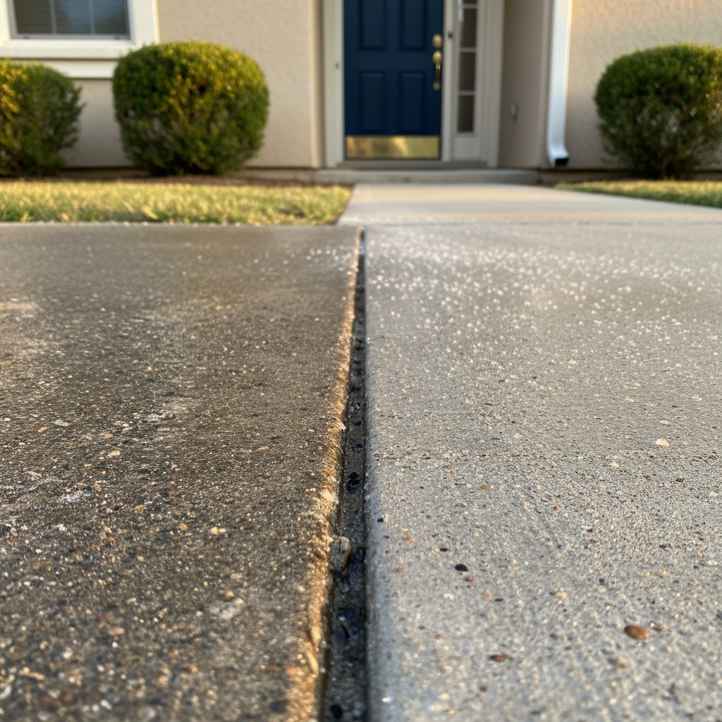 A detailed, photographic close-up of a pressure-cleaned concrete walkway leading to a front door, where the foreground shows a sharply defined line between previously dark, weathered concrete and newly bright, clean surface. Tiny water droplets still glisten on the cleaned side, catching soft early evening light. In the softly blurred background, a well-maintained exterior wall, downspout, and a few neatly trimmed bushes suggest a cared-for home. Captured from an extremely low, ground-level angle with a strong sense of depth, the mood communicates precision, integrity, and attention to detail in exterior cleaning.