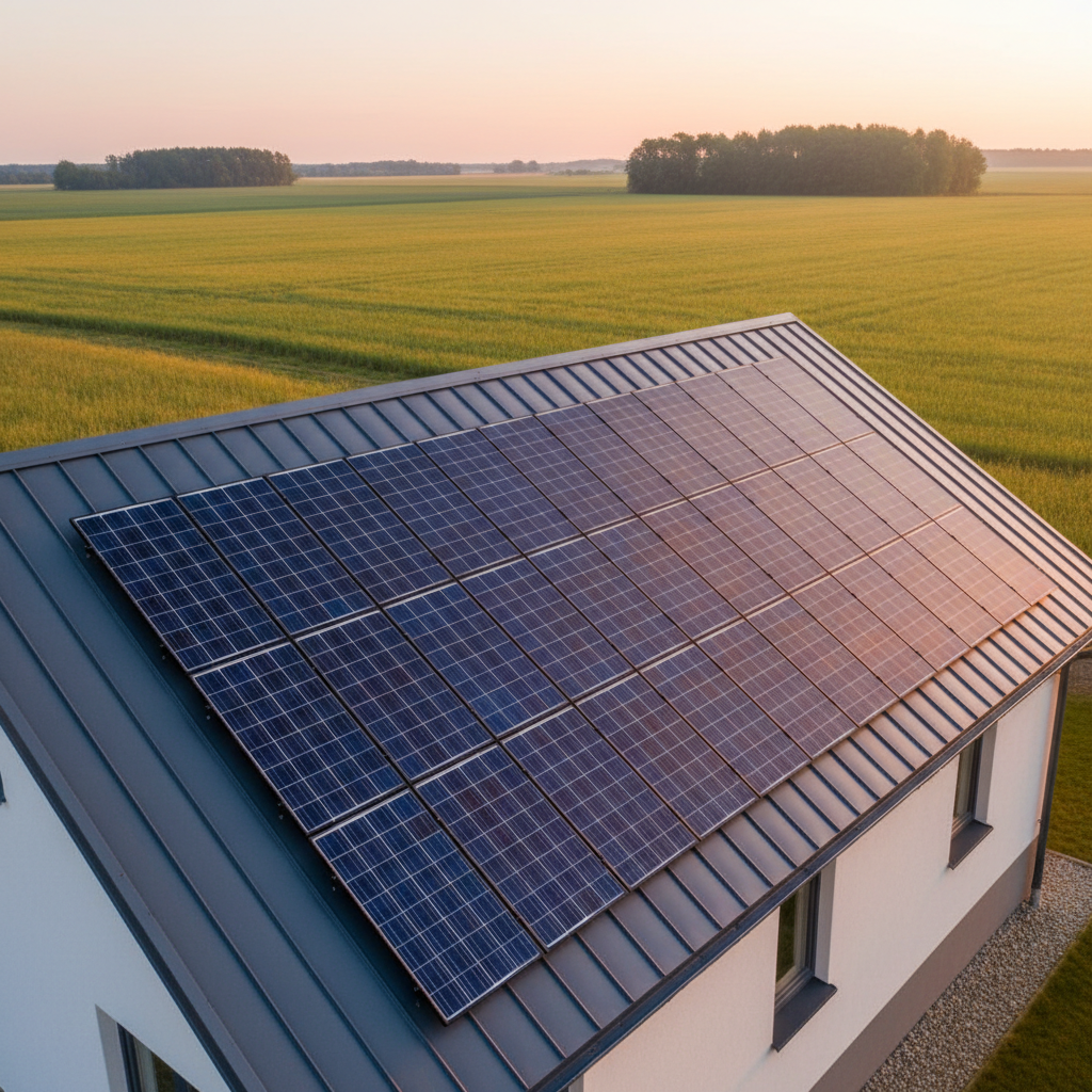 An immaculate set of solar panels mounted on a standing-seam metal roof of a countryside home, the panels reflecting a gentle, pastel sunrise sky. Surrounding the house are open fields and a few distant trees, all rendered in soft focus to keep attention on the pristine panels and spotless roof. The warm, early morning light creates subtle highlights along the metal seams and panel frames. Photographic realism captured from a slightly elevated, three-quarter angle, giving a serene, hopeful atmosphere that aligns with faith, stewardship, and caring for both home and environment.